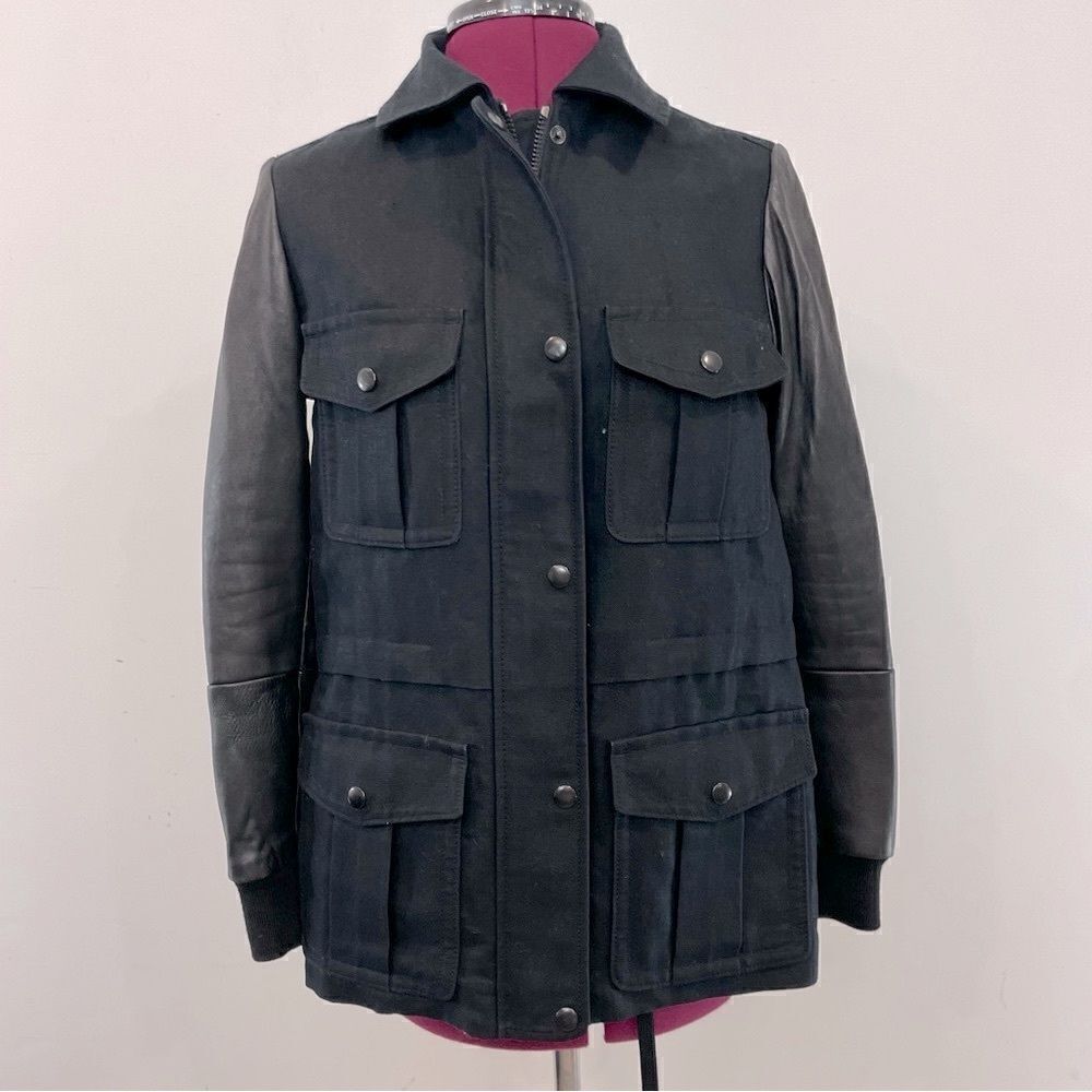 Club Monaco Women’s Black Utility Military Jacket Canvaa Leather Blazer XS - Picture 2 of 14